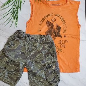 Lucky Brand sleeveless shirt and camou shorts.